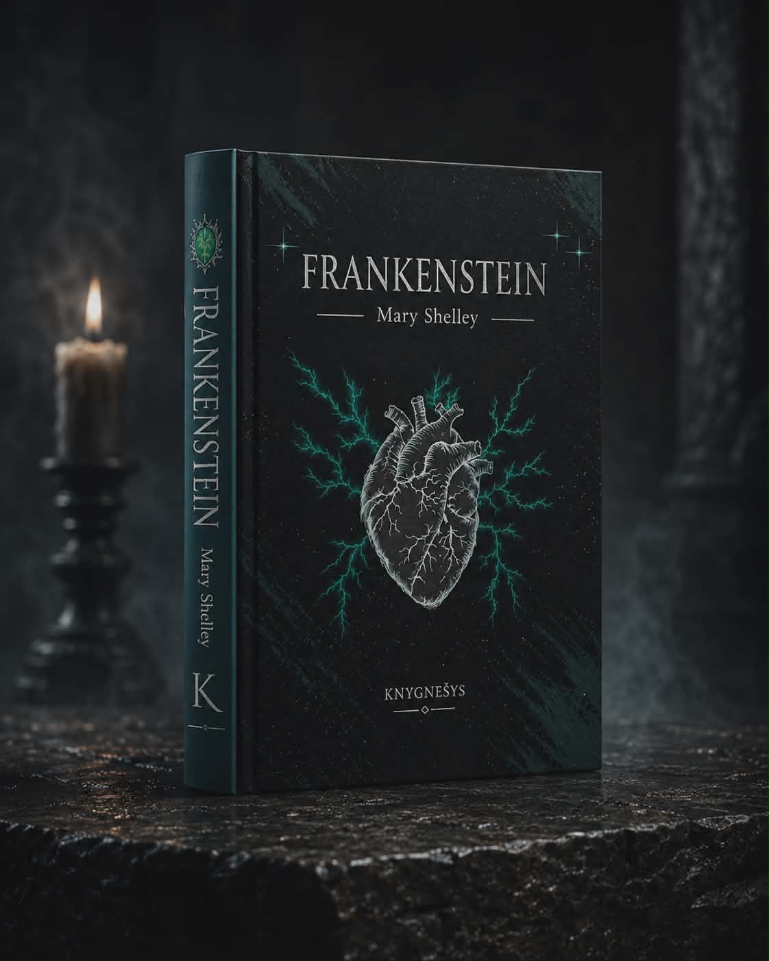 Frankenstein deluxe hardcover edition standing on stone beside a candle