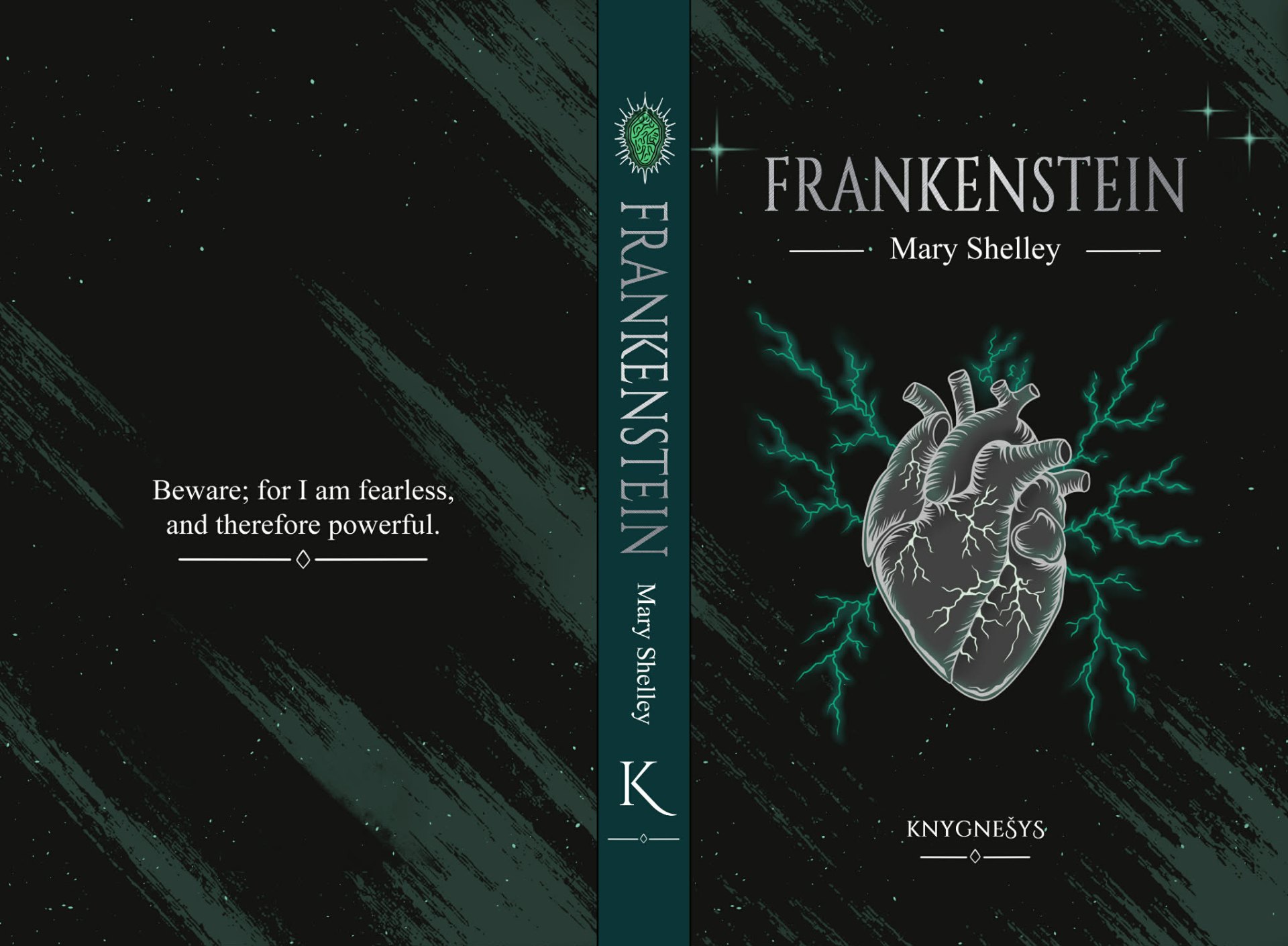 Full wraparound dust jacket of the KNYGNEŠYS Frankenstein edition